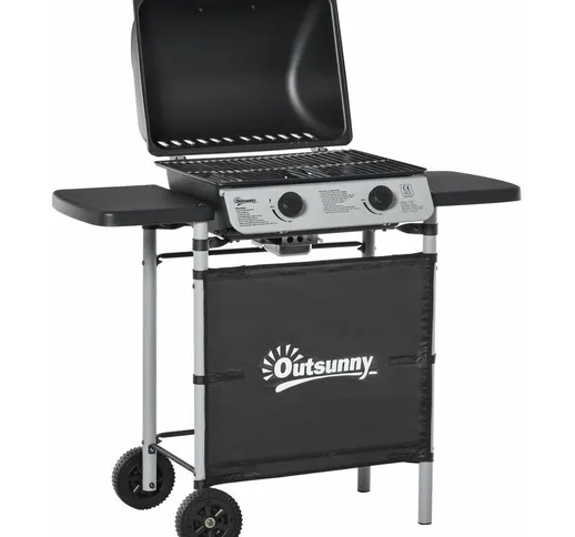  Barbecue a Gas con Coperchio e 2 Bruciatori da 2.8kW, BBQ in Acciaio con Ruote e Mensole...