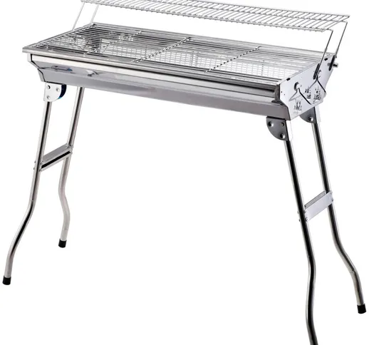 Barbecue Acciaio Inox Gambe Pieghevoli 2 Griglie 100 x 43 x 68 cm - 