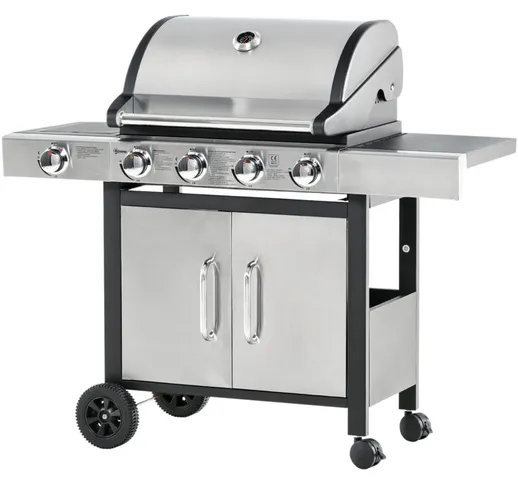  - Barbecue Gas con Coperchio e 5 Bruciatori da 15.2kW e 4 Ruote, 128x50x113cm