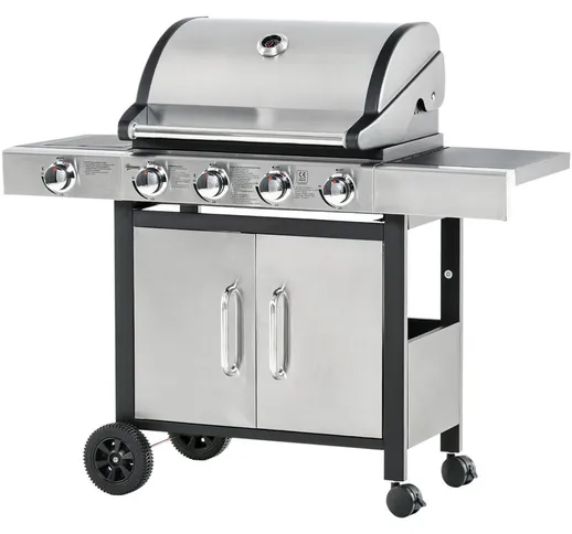  Barbecue Gas con Coperchio e Bruciatore Laterale, Termometro, Mensola e 4 Ruote, 128x50x1...