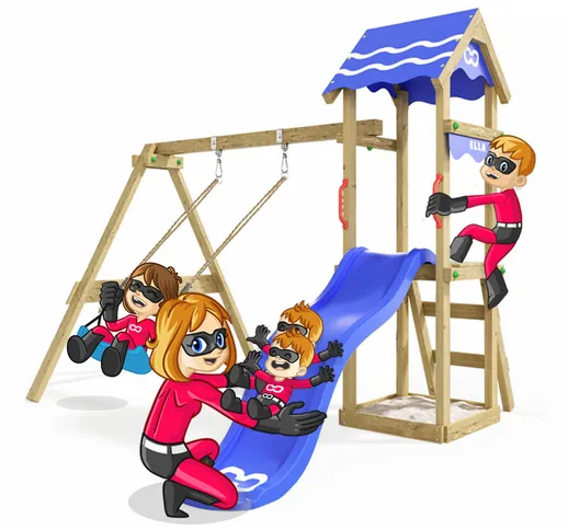 Parco giochi in legno Fast bambini Telaio a altalena per il giardino con scivolo blu e sab...