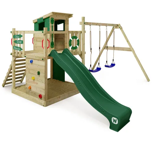 WICKEY Parco giochi in legno Smart Camp Giochi da giardino con altalena e scivolo verde Ca...