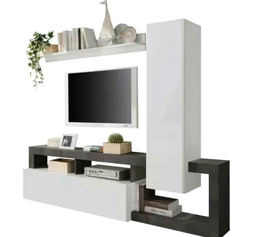 Vente-unique - Parete tv Con vani portaoggetti Bianco laccato e Calcestruzzo - sefro - Gri...