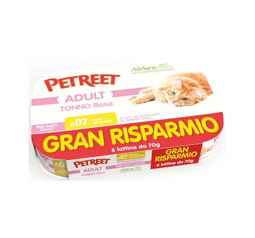 Natura Tonno Rosa per Gatto in Confezione da (5+1 Gratis) x 70 gr | Tonno Rosa e Patate -...