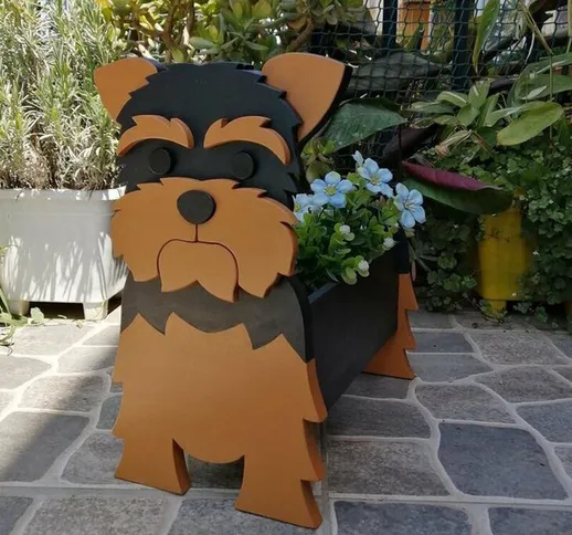 Pianta in vaso di legno,Yorkshire Terrier