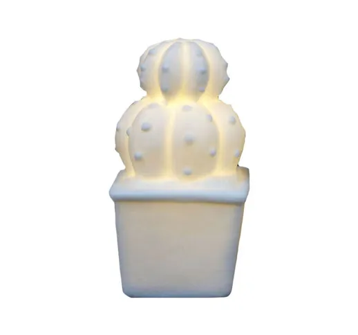 Piccolo cactus in ceramica con luce led con vaso quadrato - Bianco