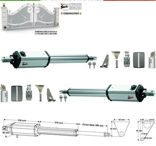 Pistoni Corsa 300 Mm 220 V Stelo Retrattile Ricambio Universale Per Cancello 2 Ante Batten...