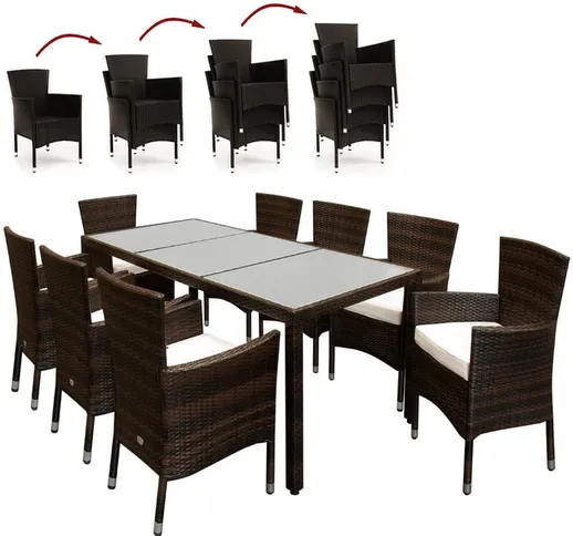  - Poly Rattan Set 8 sedie impilabili + Tavolo con ciscini di 7cm copritavolo in vetro sat...