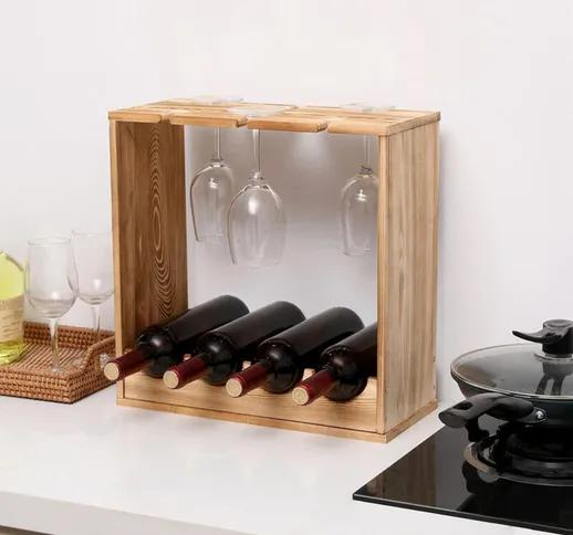 Dyhf - Portabottiglie in legno con porta calici Scaffale per bottiglie di vino 40x18x40cm