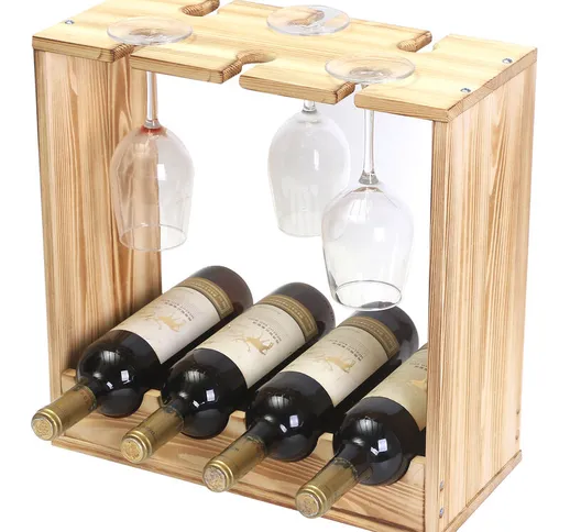 Portabottiglie per Vino in Legno naturale , Scaffale per 4 Bottiglie di Vino, Cantinetta P...