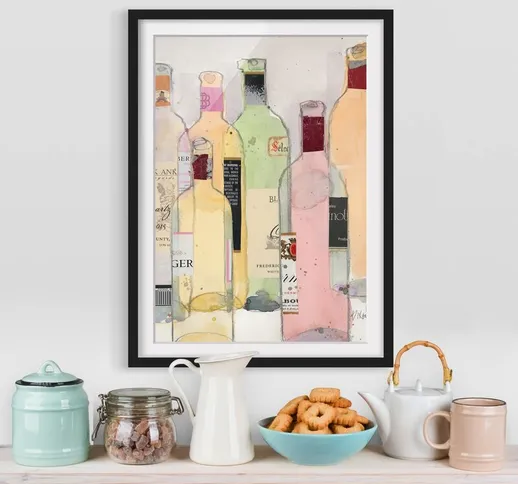 Poster con cornice - Bottiglie Di Vino In Acquerello i Dimensione HxL: 55cm x 40cm, Colore...