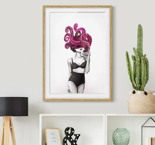 Poster con cornice - Illustrazione Donna In Biancheria Intima Bianco e nero Octopus Dimens...
