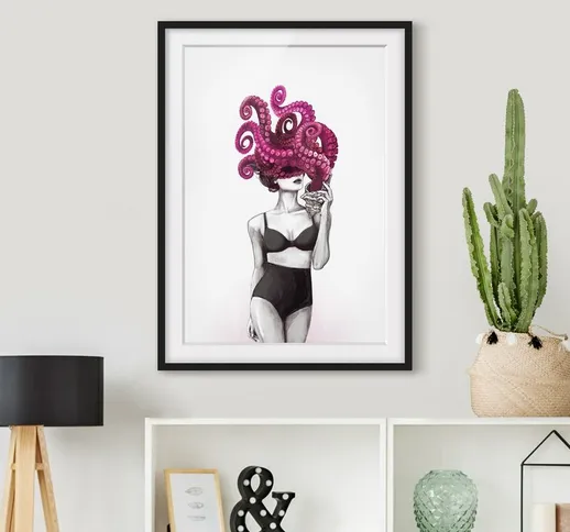 Poster con cornice - Illustrazione Donna In Biancheria Intima Bianco e nero Octopus Dimens...