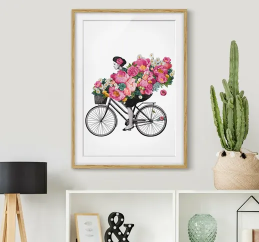 Poster con cornice - Illustrazione Donna in bicicletta Collage fiori variopinti Dimensione...