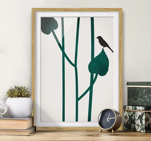 Poster con cornice - Mondo vegetale grafico - Uccellino su una foglia Dimensione H×L: 24cm...