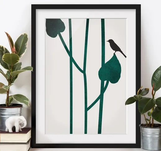 Poster con cornice - Mondo vegetale grafico - Uccellino su una foglia Dimensione H×L: 55cm...