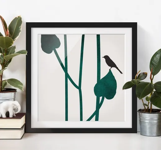 Poster con cornice - Mondo vegetale grafico - Uccellino su una foglia Dimensione H×L: 30cm...