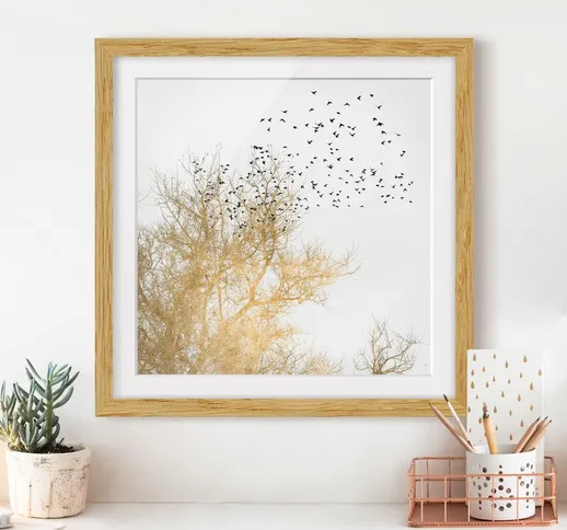 Poster con cornice - Stormo di uccelli davanti ad un albero dorato Dimensione H×L: 70cm x...