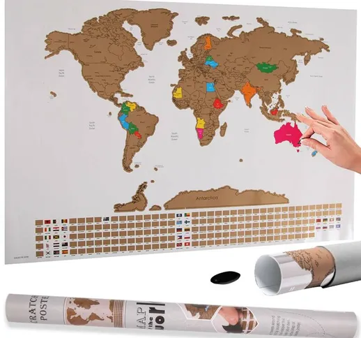 Bakaji - Poster Mappamondo da Grattare con Bandiere Cartina Mappa del Mondo 80x60 Bianco