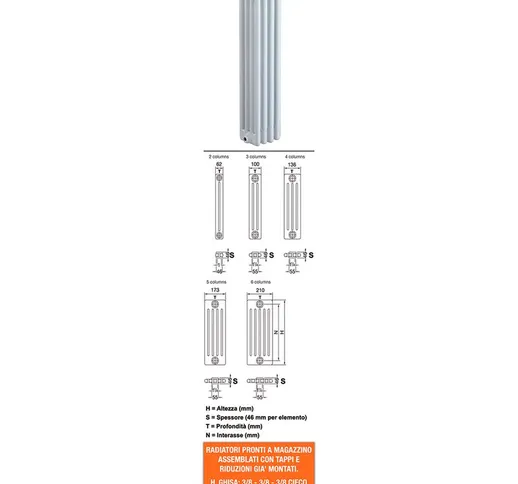 Radiatore tubolare verniciato bianco 2 colonne h2000 misura: 14 elementi