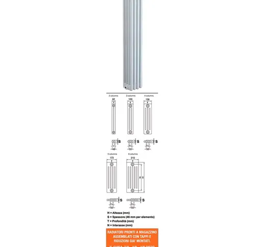 Radiatore tubolare verniciato bianco 3 colonne h866 interasse 800 alluminio misura: 14 ele...