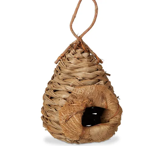Relaxdays - Casetta per uccelli decorativa foglie di cocco rifugio volatili nido uccellini...