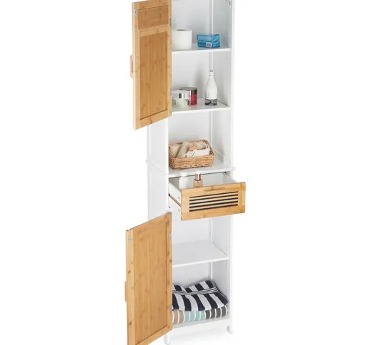 Bianco/Marrone Mobile Bagno a Colonna, 2 Ante, 1 Cassetto, Scaffale Alto, hlp 180x39x30 cm...