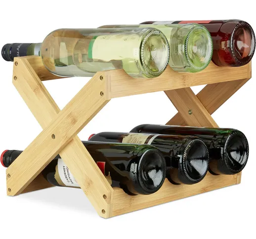 Porta bottiglie vino bambù a forma di x 6 bottiglie stile rustico cantinetta pieghevole hl...