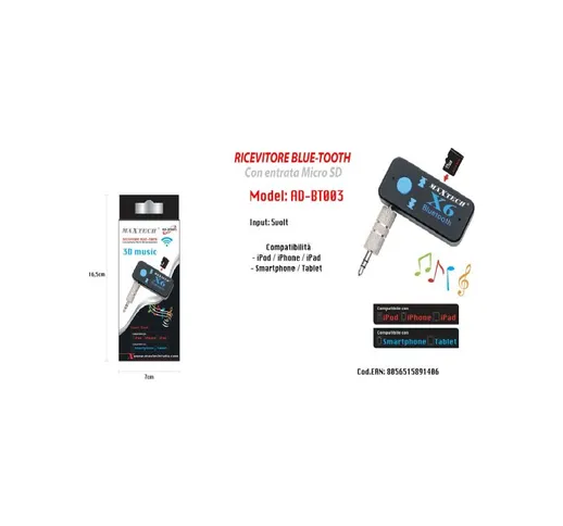 Ricevitore Bluetooth Adattatore Audio Portatile Microfono Incorporato Maxtech Ad-Bt003