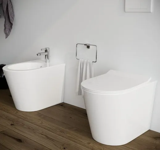 Sanitari bagno Bidet e Vaso WC a terra filomuro RIMLESS in ceramica con sedile coprivaso s...