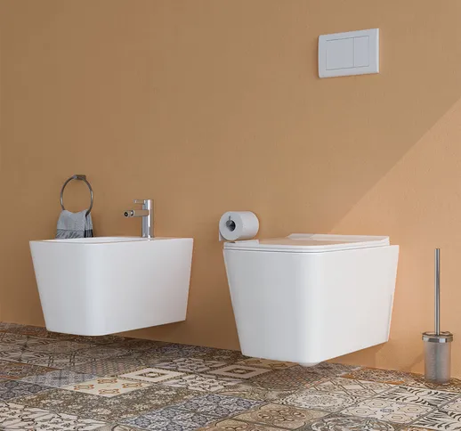 Sanitari bagno Bidet e Vaso wc sospesi filomuro rimless in ceramica con sedile coprivaso s...