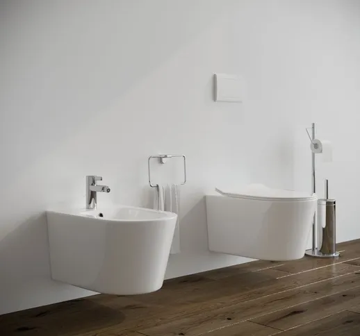 Sanitari bagno Bidet e Vaso WC SOSPESI filomuro RIMLESS in ceramica con sedile coprivaso s...