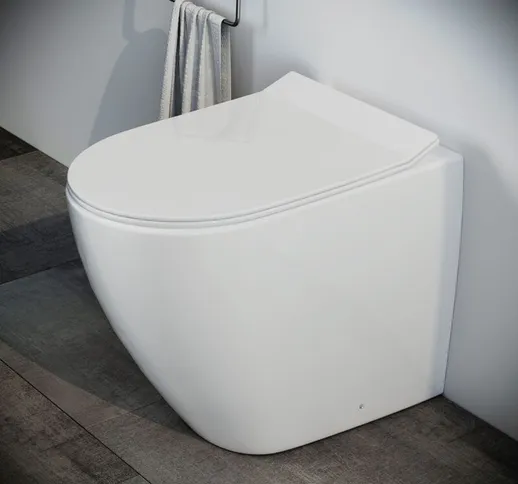 Sanitari bagno Vaso WC filomuro rimless a terra in ceramica con sedile coprivaso softclose...