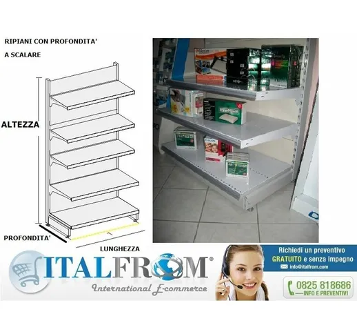 Italfrom © - Scaffale negozio murale L 101, H 250 , Prof.base e 1 ripiano 50 cm + 3 ripian...