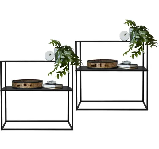 Set 2 scaffali per piante fiori vasi con 2 ripiani in metallo nero 80x26x80cm