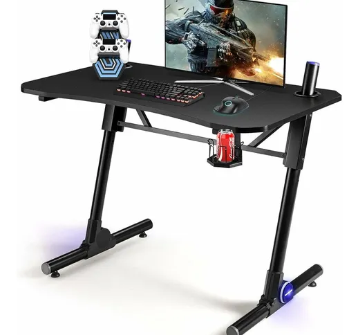 Scrivania da Gaming 110 cm, Tavolo per Computer con Altezza Regolabile e Luci LED Blu, Pos...