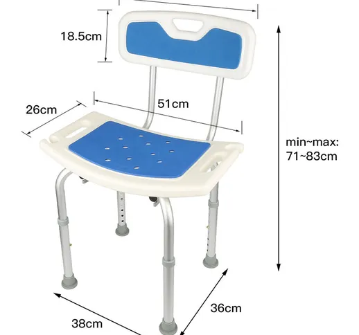 Sedia per doccia con schienale morbido, regolabile in altezza, 51x26x71-83cm