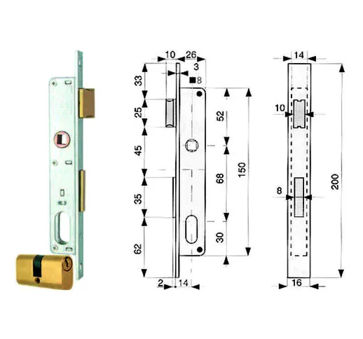 Serratura infilare per montanti catenaccio e scrocco con cilindro 911 - mm.14 (911.14.1)
