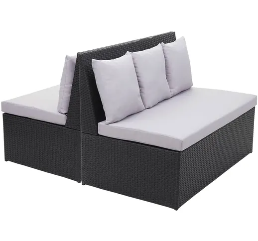 Set 2x divani sofà 2 posti da esterno HWC-G16 polyrattan nero cuscino grigio chiaro