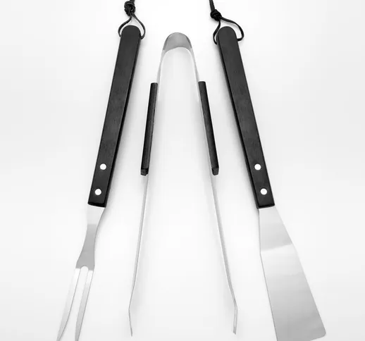 No_brand - Set 3 utensili da barbecue in acciaio inossidabile con impugnatura in legno