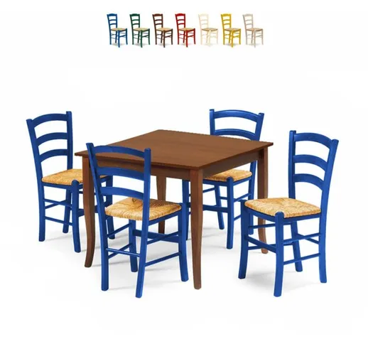 Set 4 sedie e tavolo da interno cucina e bar quadrato 80x80 legno Rusty | Azzurro