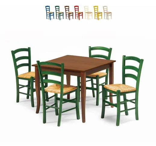 Set 4 sedie e tavolo da interno cucina e bar quadrato 80x80 legno Rusty | Verde