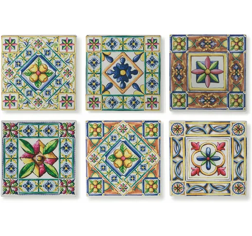 Vde Tivoli 1996 - Set 6 Sottopentola Quadrato in Ceramica Fondo in Sughero 16x16 cm Costie...