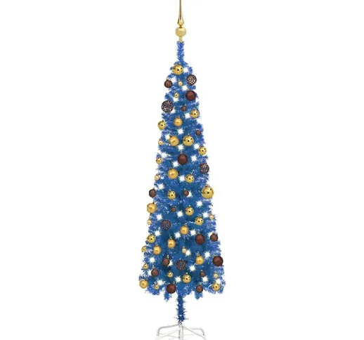 Set Albero di Natale Sottile con led e Palline Blu 150 cm