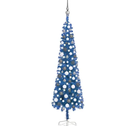 Set Albero di Natale Sottile con LED e Palline Blu 150 cm