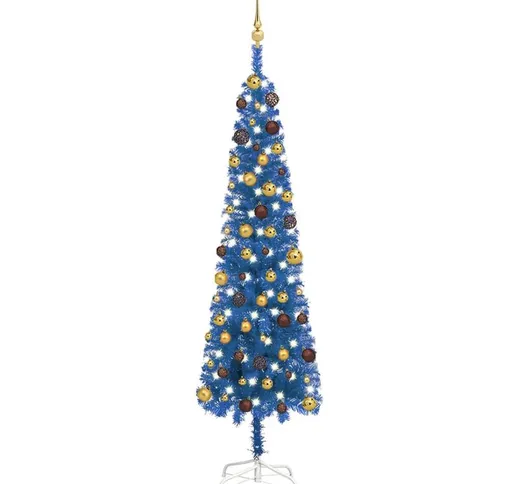 Set Albero di Natale Sottile con Luci led e Palline Blu 210cm