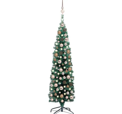 Set Albero di Natale Sottile con Luci led e Palline Verde 150cm