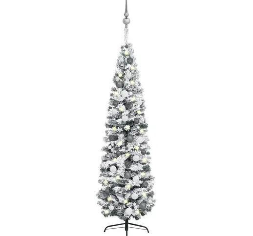 Set Albero di Natale Sottile con Luci led e Palline Verde 180cm