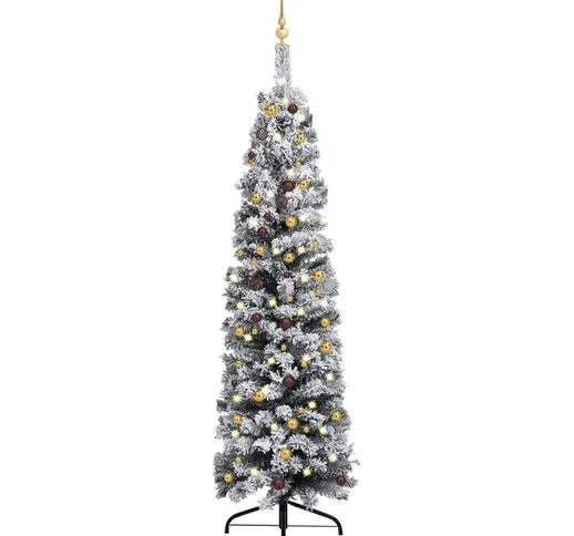 Set Albero di Natale Sottile con Luci led e Palline Verde 240cm