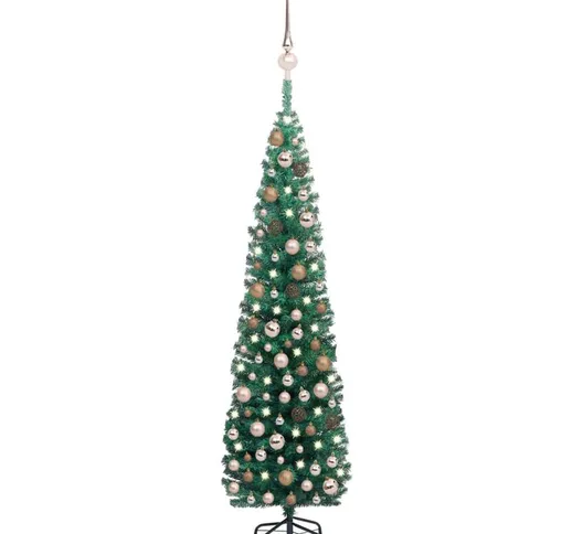 Set Albero di Natale Sottile con Luci led e Palline Verde 240cm